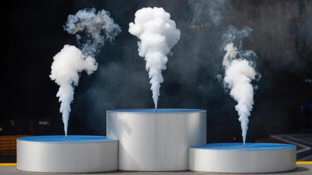 Smoke Plumes Rising From Platforms Against Dark Background Create a Visual Display photo