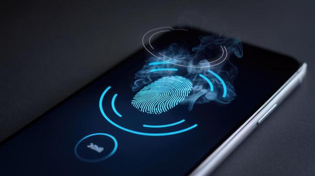 Phone Displaying Digital Fingerprint Scan for Security on Dark Surface photo