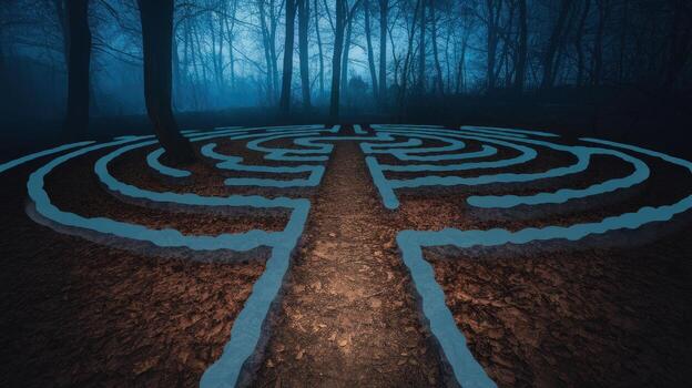 Glowing Labyrinth in a Misty Forest at Night Creates a Mysterious Atmosphere photo
