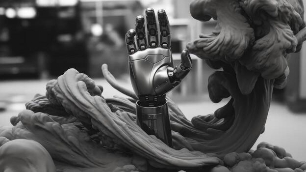 Robotic Hand Rising From a Surreal Sand Sculpture in an Indoor Gallery photo