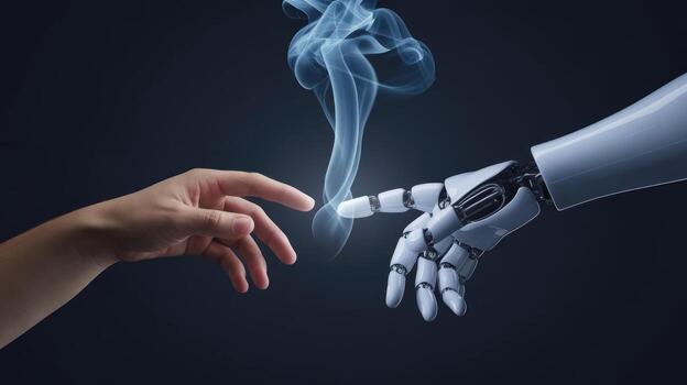 Human Hand and Robotic Hand Touching, With a Soft Glow and a Dark Background photo