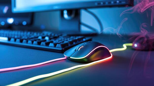 Gaming Setup With Illuminated Mouse and Keyboard on a Desk photo