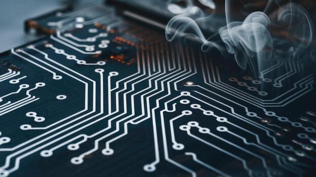 Malfunctioning Circuit Board Showing Smoke, Highlighting Technology Failure photo