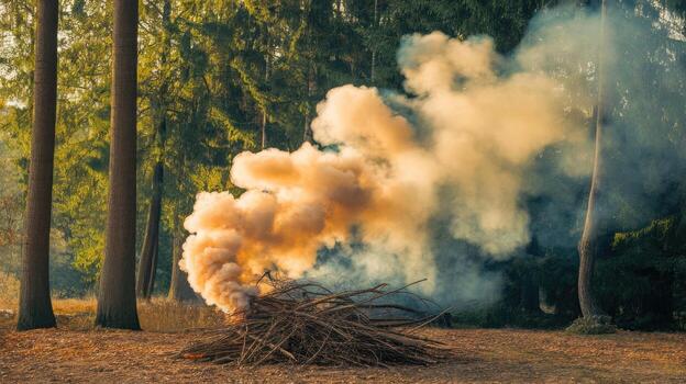 Burning Brush Pile Creating Smoke Near Trees in the Autumn Woods photo