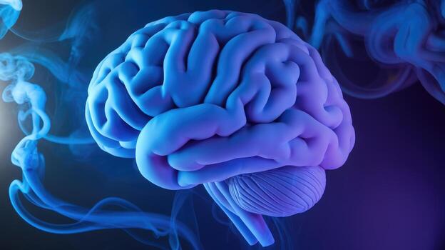 Human Brain Model With Blue Smoke Representing Thought Processes and Intelligence photo