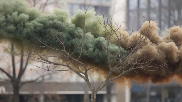 Bare Tree Branches Silhouetted Against Billows of Green and Brown Smoke in Urban Area photo
