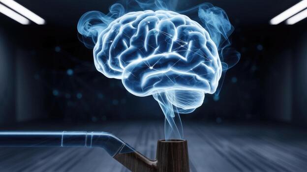 brillante cerebro conectado a un tubo con fumar viniendo fuera de eso foto