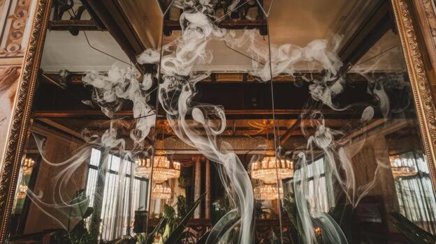 Intricate Mirror Shows a Room With Chandeliers and Wisps of Smoke photo