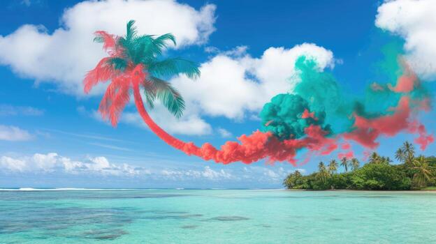 Tropical Paradise View With Palm Tree and Colorful Clouds Over Calm Turquoise Water photo