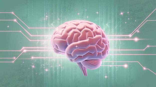 Human Brain With Neural Network and Binary Code on Light Green Background photo