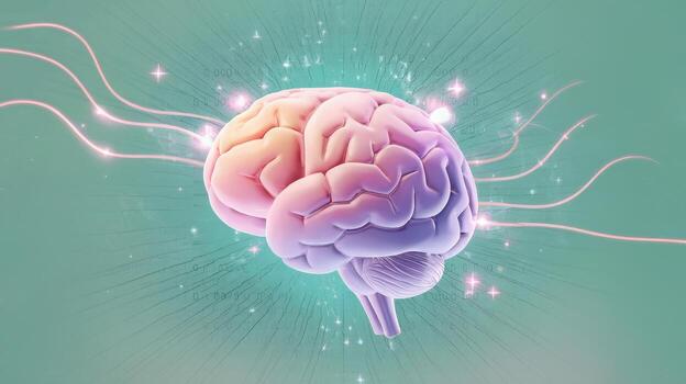 Human Brain With Glowing Neural Pathways and Data Against a Teal Background photo