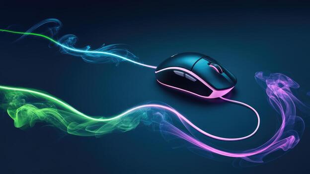 Illuminated Gaming Mouse With Colorful Smoke Trails on a Dark Blue Surface photo