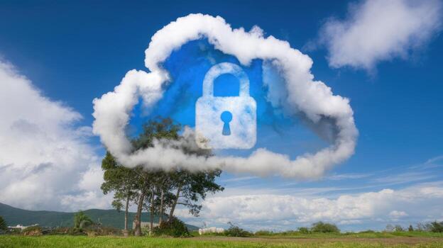 Secure Cloud Computing Concept With Padlock Shape Appearing Over a Rural Landscape photo
