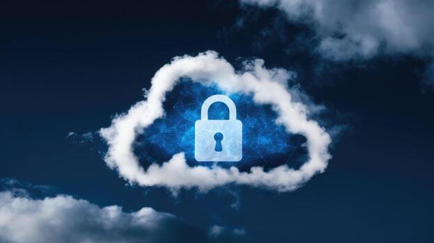 Cloud Computing and Data Security Concept With White Cloud and Light Blue Padlock photo