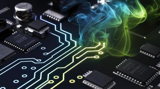 Close up of a Motherboard With Electronic Components and Colorful Smoke Effect photo