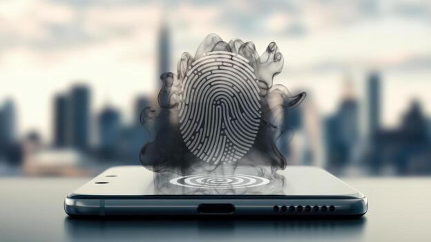 huella dactilar seguridad escanear en teléfono con nuevo York ciudad horizonte foto