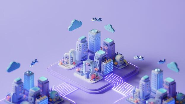 Isometric Cityscape With Flying Objects on a Platform Against a Purple Backdrop photo