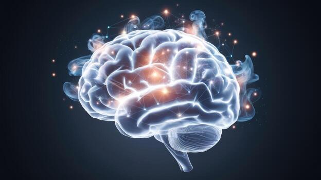 Human Brain Illuminated With Neural Network Connection Simulation photo