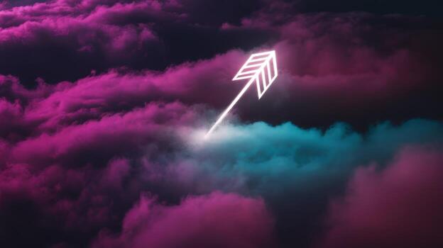 Glowing Arrow Pointing Upward Amidst Pink and Teal Colored Clouds photo