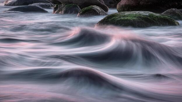 Gentle Waves Crashing Over Coastal Rocks Create an Ethereal Effect at Sunset photo