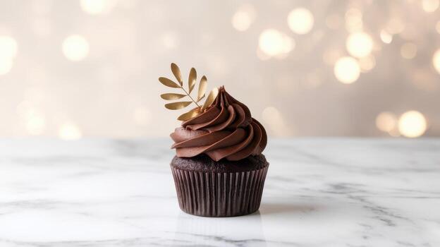un delicioso chocolate magdalena con remolinos de Rico Crema, esmeradamente coronado con un oro hoja decoración, conjunto en contra un soñador bokeh fondo. foto