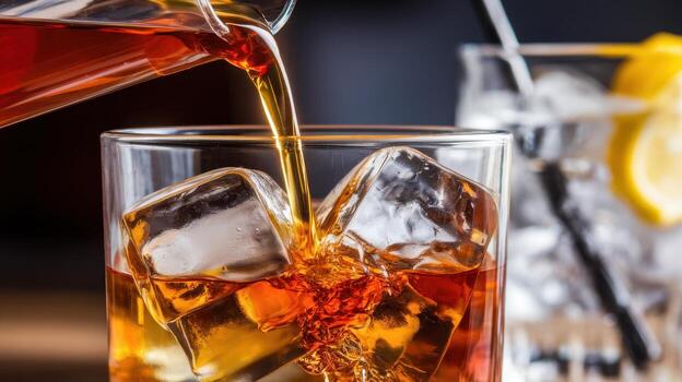 un cerca arriba de un caramelo de colores bebida siendo vertido terminado hielo cubitos en un vaso, creando un refrescante bebida experiencia. foto