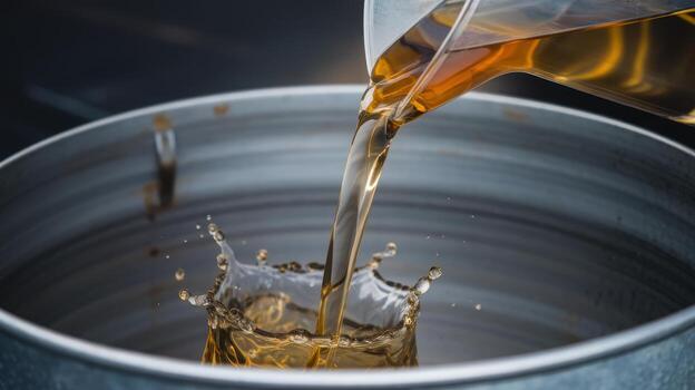 Liquid Being Poured Into a Large Metal Bowl and Creating Splashes photo