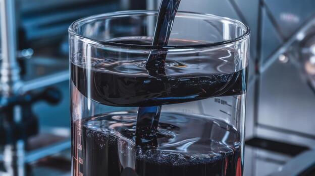 Dark Liquid Being Poured Into Clear Graduated Cylinder in a Lab photo