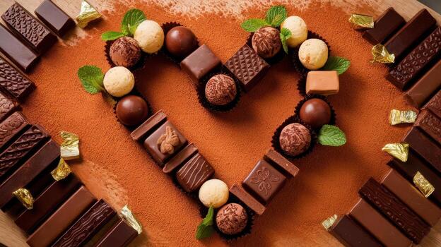 Heart Shape Made of Assorted Chocolate Pieces and Truffles on Brown Background photo