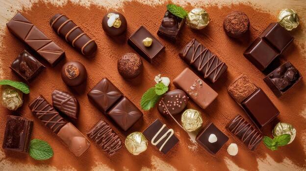 Assortment of Delicious Dark and Milk Chocolates Displayed on a Cocoa Powder Background photo