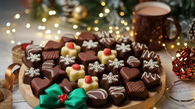 Assorted Gourmet Chocolates on Wood Board With Cocoa, Christmas Tree Lights, and Green Bow photo