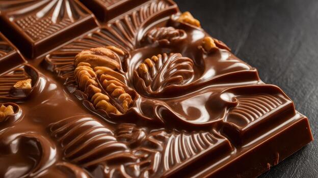 Detailed Close Up Shows Chocolate Bar With Walnut Design on a Dark Surface photo