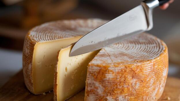 Cutting a Round of Cheese on a Wooden Board With a Sharp Knife photo