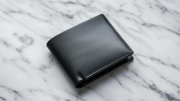 Black Leather Wallet Sitting on a White Marble Surface Casting a Soft Shadow photo