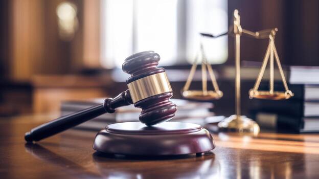 Judge s Gavel and Scales of Justice in a Courtroom, Books Visible in the Background photo