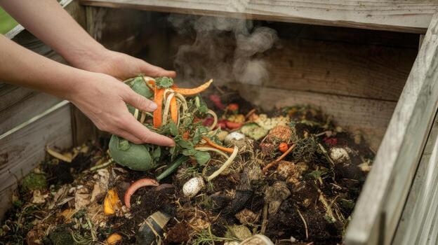 Adding Vegetable Scraps to a Steaming Wooden Compost Bin in Daytime photo