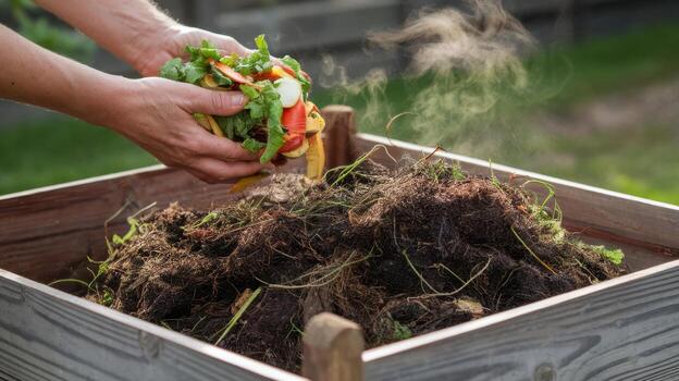 Adding Organic Food Waste to Active Compost Pile in Wooden Container photo