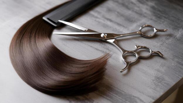 Brown Hair Strand With Scissors And Comb Placed On Grey Textured Background photo