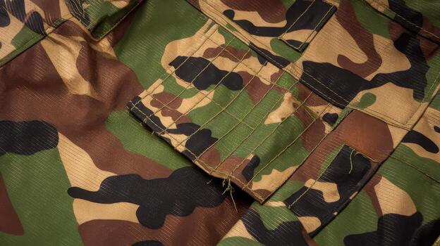Close up of a Camouflage Military Uniform With Pocket and Stitching photo
