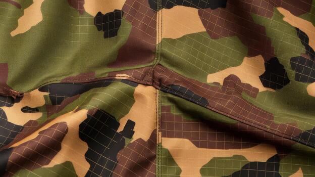 Close Up View Showing the Seam Detail on a Camouflage Patterned Fabric photo
