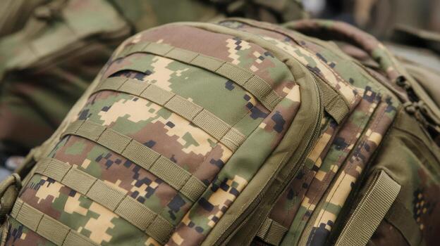Close up of a Pixelated Camouflage Military Backpack With Molle Webbing System photo
