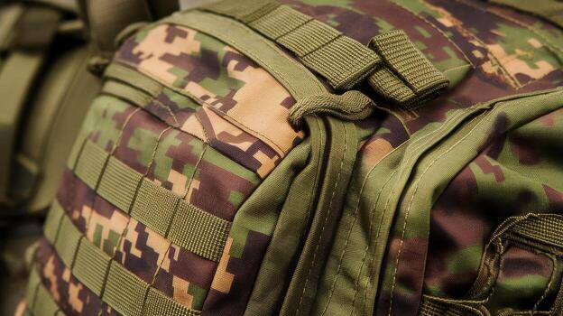 Close up of Olive Green Tactical Backpack With Camouflage Pattern in Outdoor Setting photo
