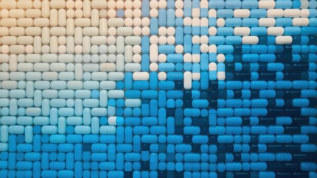 Assortment of Colorful Blue and White Capsules Creating Textured Background photo