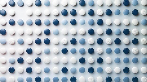 Blue and White Pills Arranged in Neat Rows on a Flat Surface at a Pharmacy photo