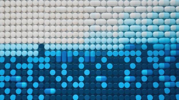 Different Types of Pills and Capsules Arranged in a Pattern Fading From White to Dark Blue photo