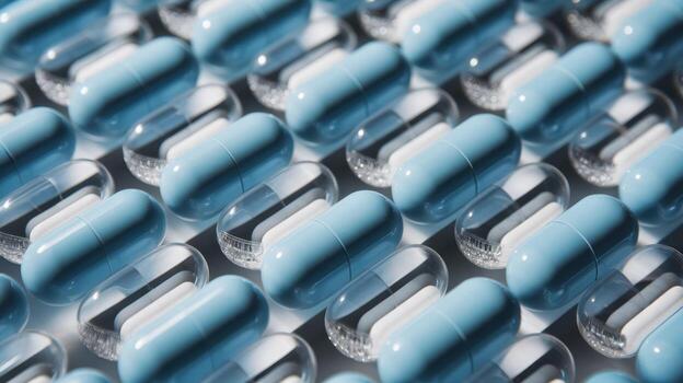 Array of Blue and Clear Capsules Aligned on a White Surface in Bright Light photo