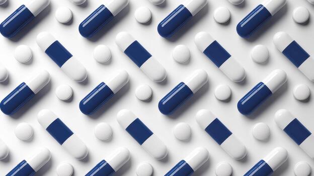 Pattern of White Pills and Blue and White Capsules on White Surface Viewed From Above photo