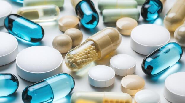 Assortment of Pills and Capsules on White Surface, Various Shapes and Colors photo