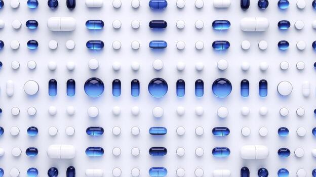 Array of White and Blue Pills Arranged Neatly on a White Background photo