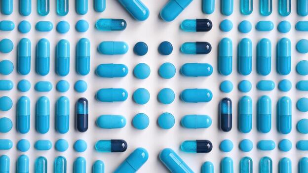 Assortment of Blue Medication Pills, Capsules, and Tablets Displayed on White Surface photo